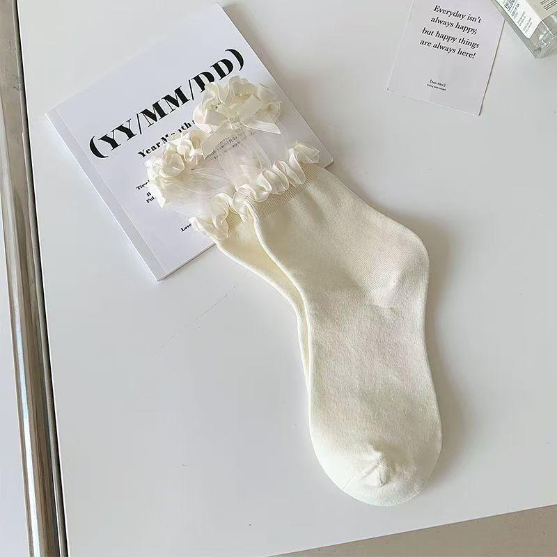 Lace-Trimmed Black Bow Lolita Mid-Calf Slouch Socks