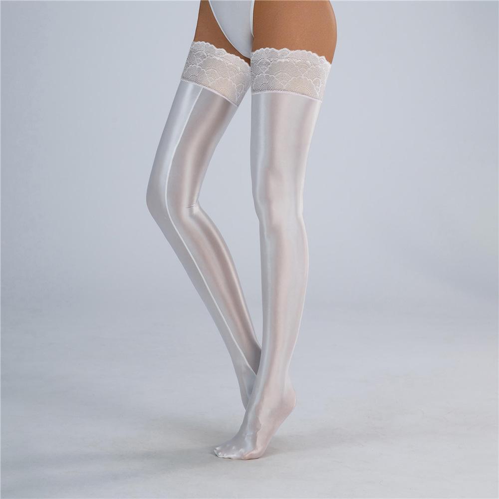 Bas Hauts Sexy pour Femmes Dentelle Satin Lisse Huileux Brillant Vintage Brillant Serrés Modelants Élastiques Lingerie Bas de Bonne Maîtresse Overknee