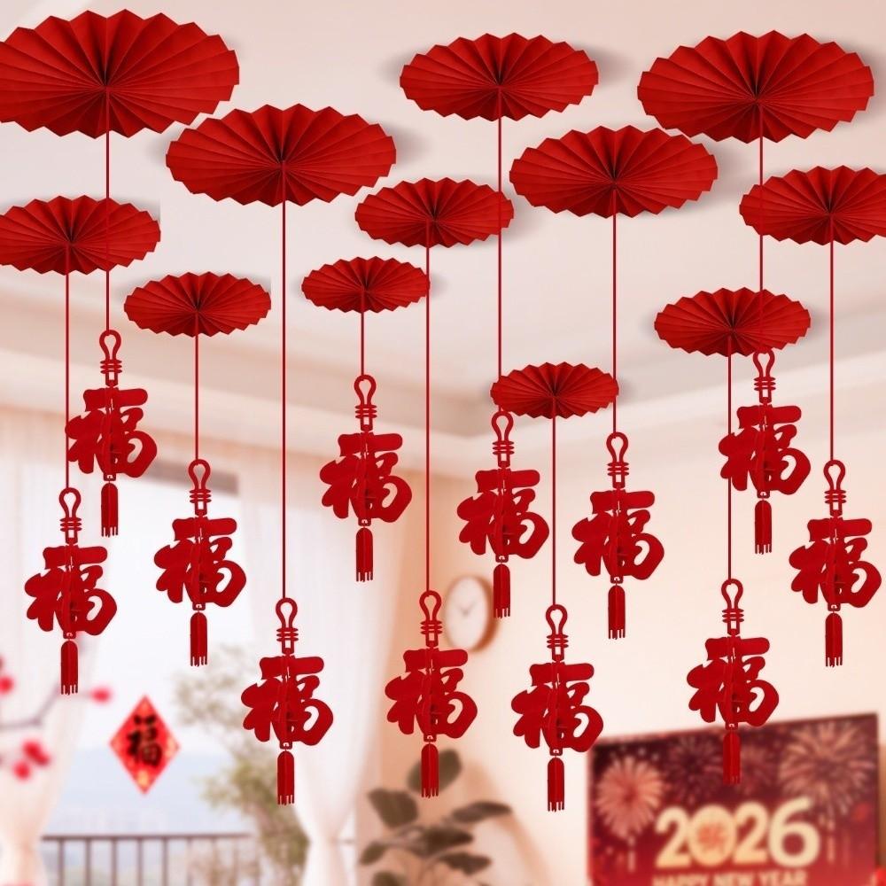 12pcs FU Character New Year Pendant Paper Craft Background Decor Ceiling Hanging Ornament DIY Red Color Hanging Decor