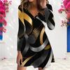 Women Plus Size V Neck Long Sleeve Printed Black Teal Gold A Line Dress