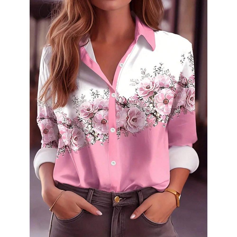 Simple And Clear Love Flower Print Ladies Casual Long Sleeve Lapel Shirt Outdoor Casual Ladies Shirt Urban Street Fashion Shirt
