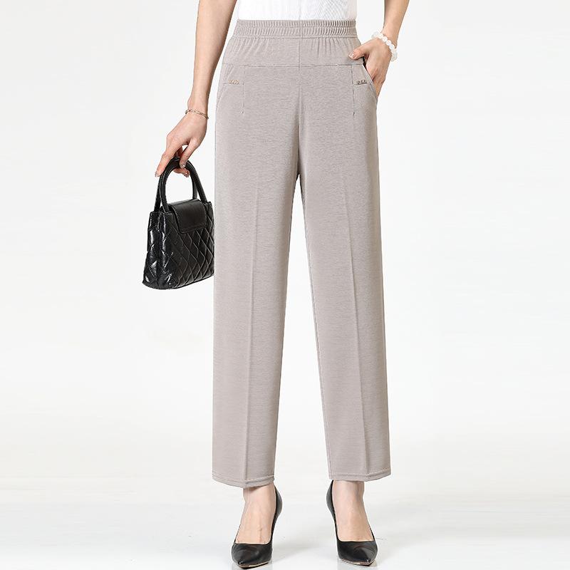 

Брюки для мам, летние повседневные брюки больших размеров для женщин среднего и пожилого возраста, эластичные прямые брюки с высокой талией 4XL хаки