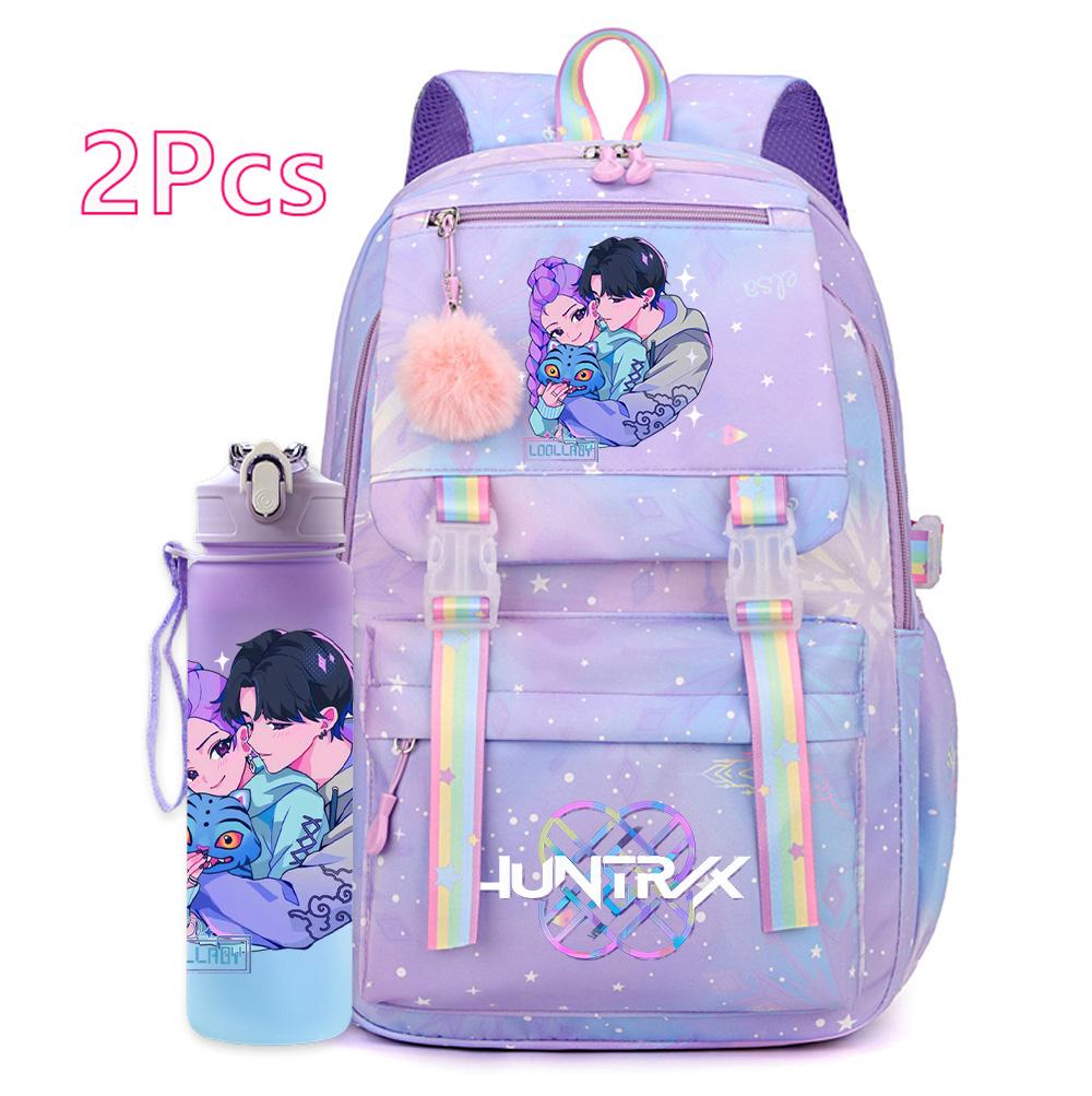 2Pcs/set New Anime Kpop Printed Backpack with 750Ml Water Bottler Large Capacity Travel Bag for Teenager Girl Boy Bookbag Kid Gift Large Capacity Bag