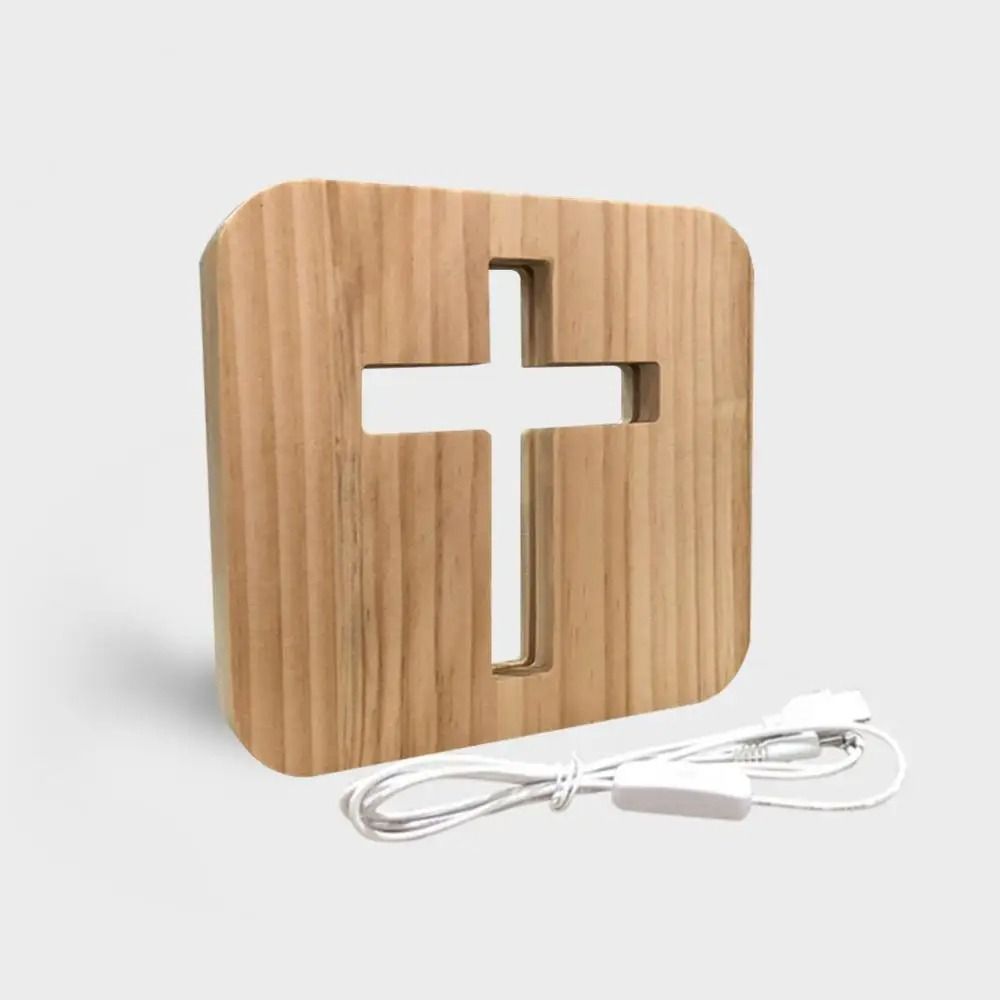 

USB LED Wooden Cross Night Light 3D Desk Table Lamps Christianity Crucifix Crafts Christian Gift 19cm