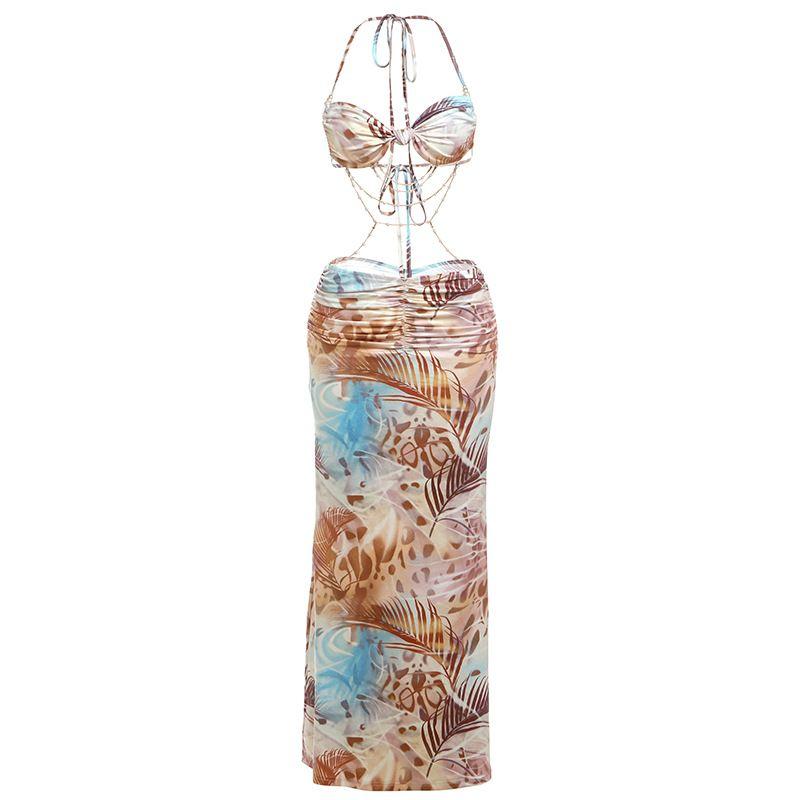 

Outfitgirl French Style Temperament Halterneck Lace Printing Vacation Dress Bead Necklace Decoration Silm Backless Dress Brown L