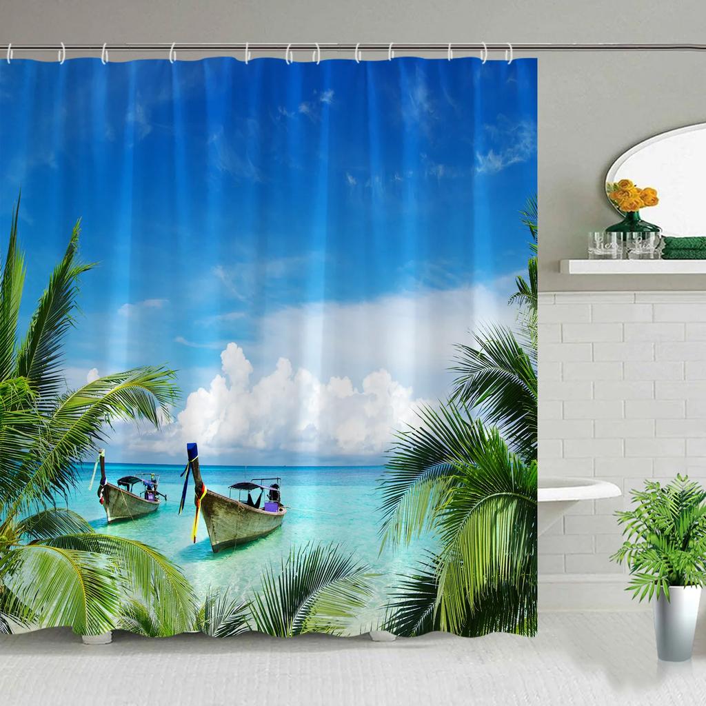 Hawaii Landscape Outdoor Shower Curtain Island Beach Coconut Tropical Ocean Natural Landscape Hanging Curtain Bathroom Decor Set