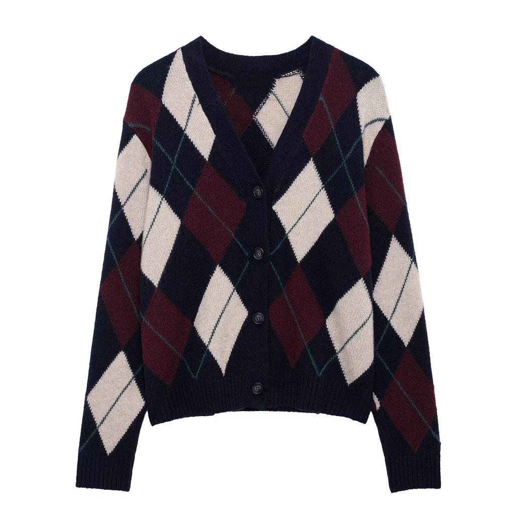 2025 Spring Women's Slim Color Block Diamond Knit Cardigan
