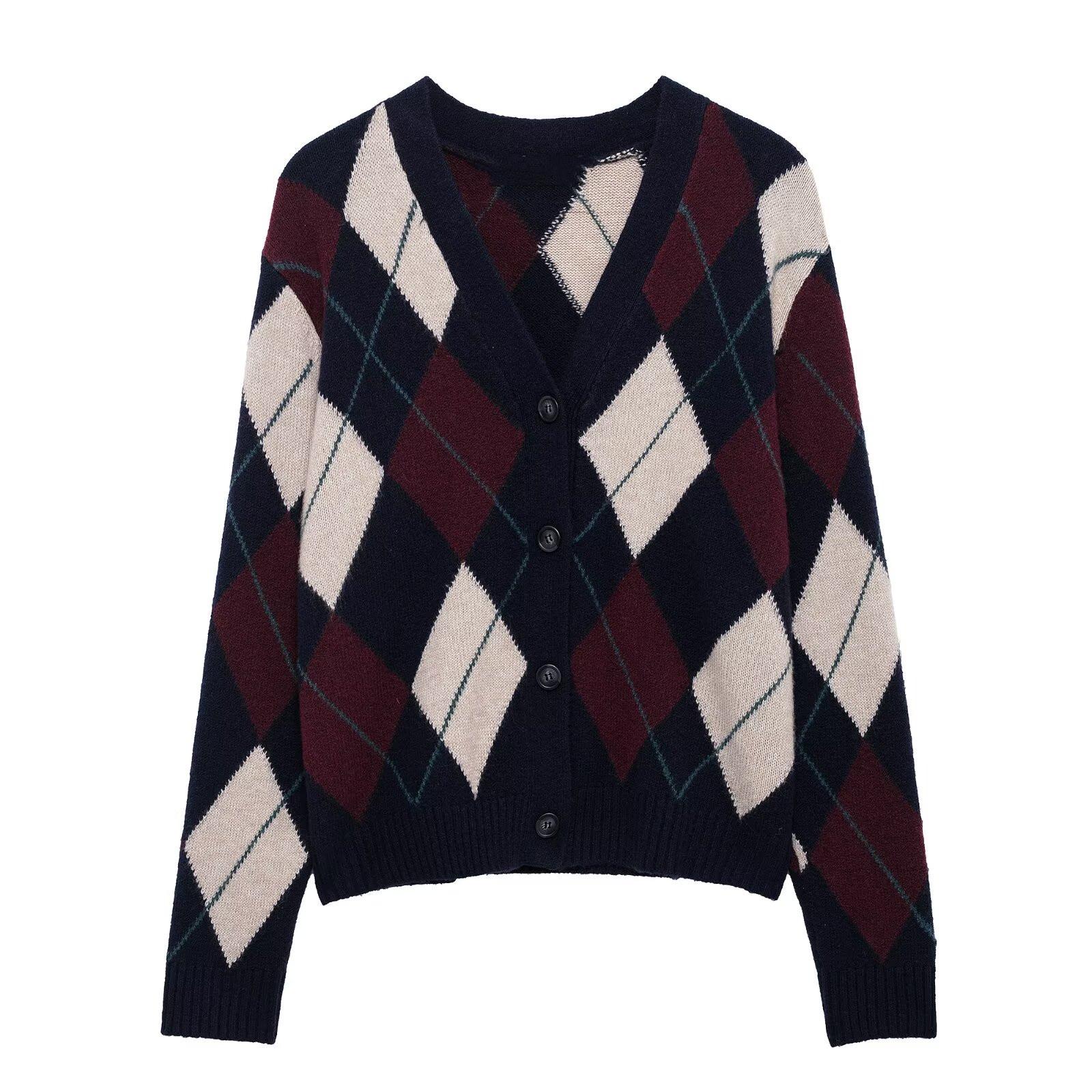 

2025 Spring Women s Slim Color Block Diamond Knit Cardigan Medium