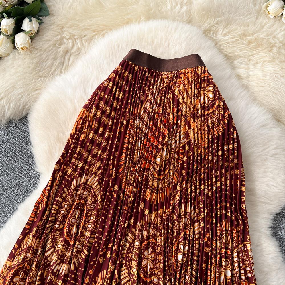 Spring Summer Women Elegant Print Elastic Waist Long Maxi Holiday Beach Pleated Skirt Only Have One Size