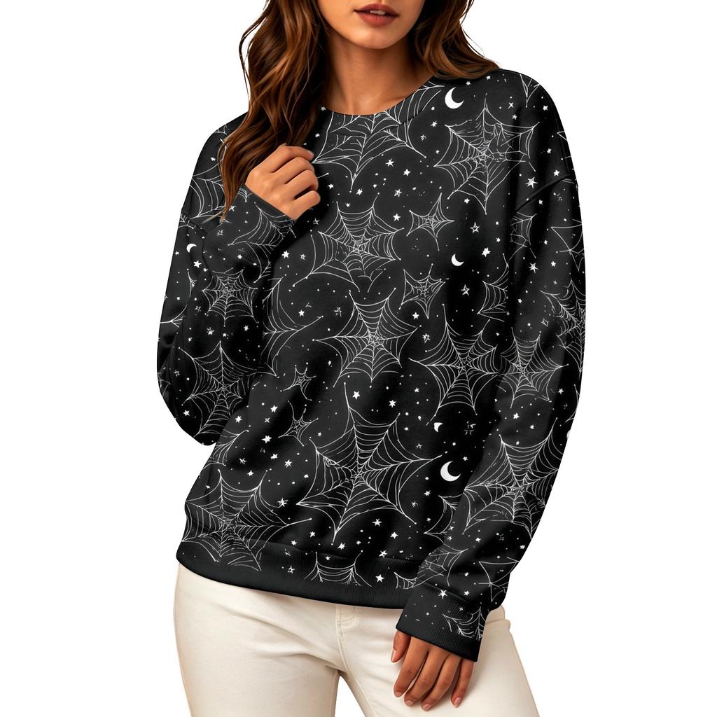 Women's Halloween Print Long Sleeve Neck Sweatshirt Top for Casual Wear