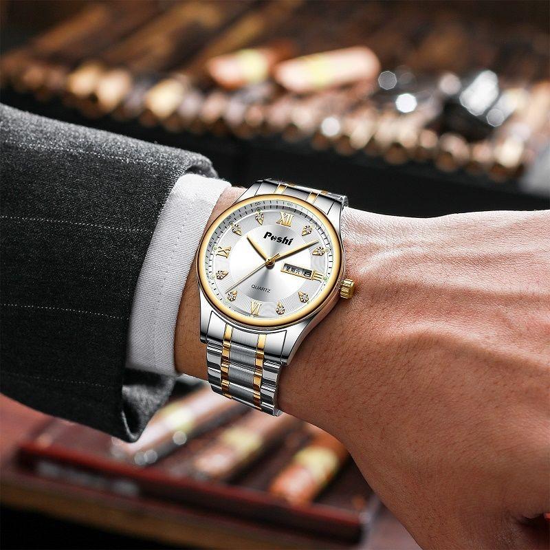 POSHI Men's Electronic Quartz Watch Waterproof Luminous Double Calendar Large Dial Stainless Steel Men's Watch