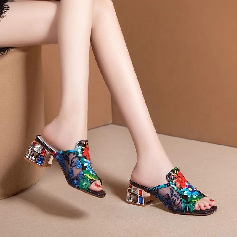  sandalias femininas women fashion peep toe high quality slip on square heel sandal shoes lady cute floral shoes ab542