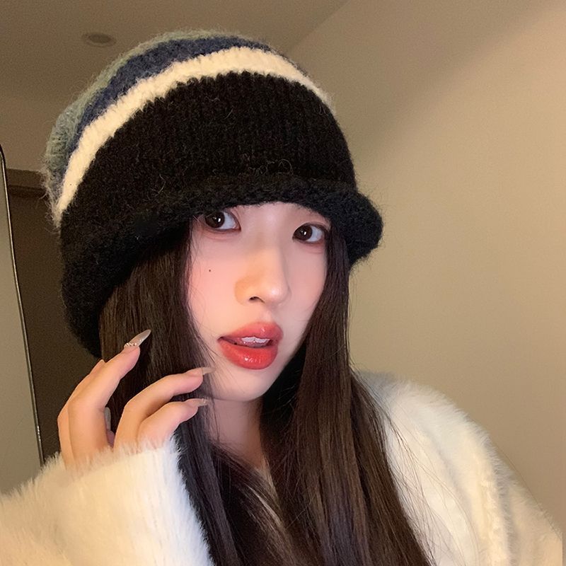 Korean Contrasting Striped Wool Hat for Women In Autumn and Winter New Warm Ear Protection Pile Hat Cold Hat Showing Face Small Knit Hat