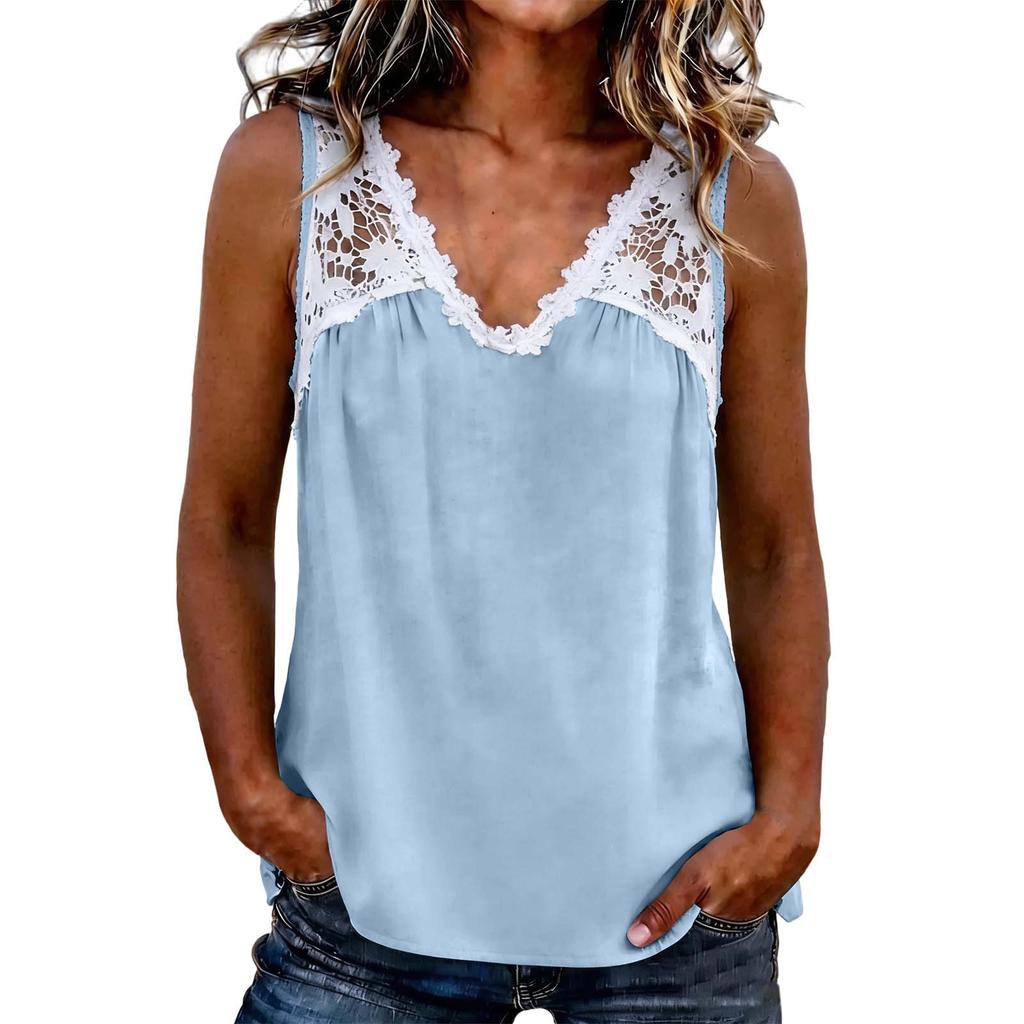 Haut sans manches en dentelle patchwork à col en V pour femme, chemisier décontracté à coupe ample, tissu léger et doux, chemise d'été pour un usage quotidien