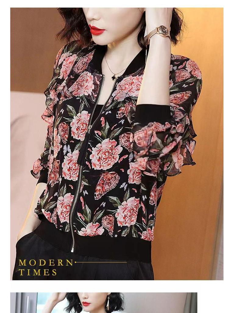2025 Summer Plus Size Chiffon Cardigan - Women's Printed Long Sleeve Sun Protection Jacket for Middle-aged Moms