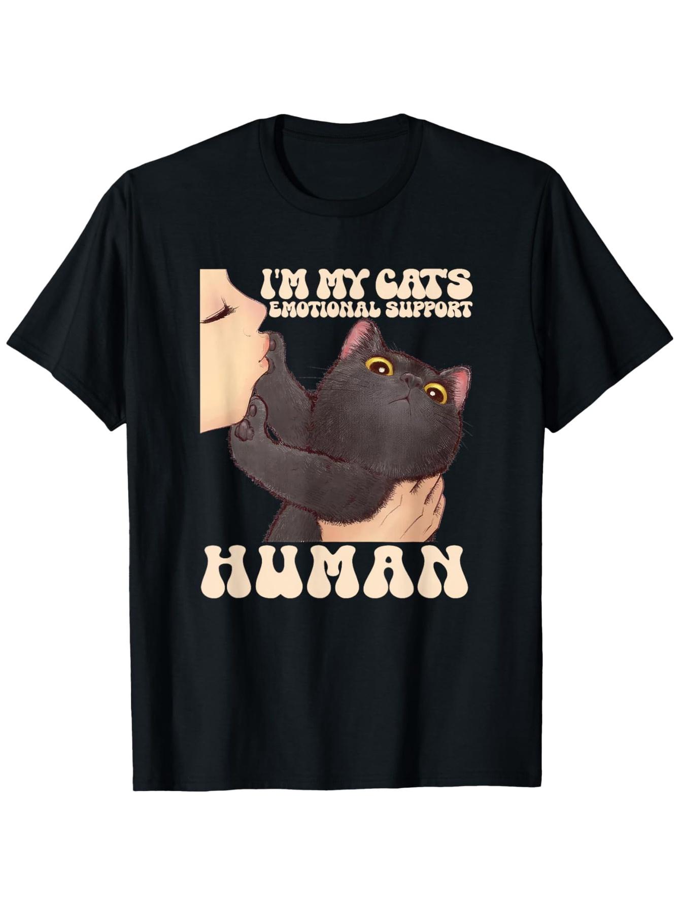 MenS Casual Cat Lovers TShirt I Am My CatS Emotional Support Pattern Black Cotton TShirt with Cat Pattern Relaxed Fit S