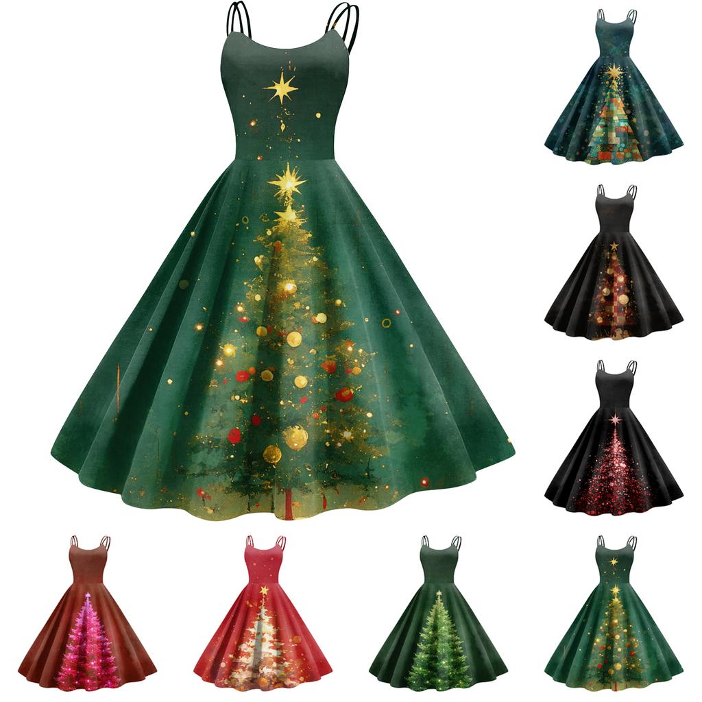 Women's Christmas Print Casual Fashion Round Neck Mid-Length Dress