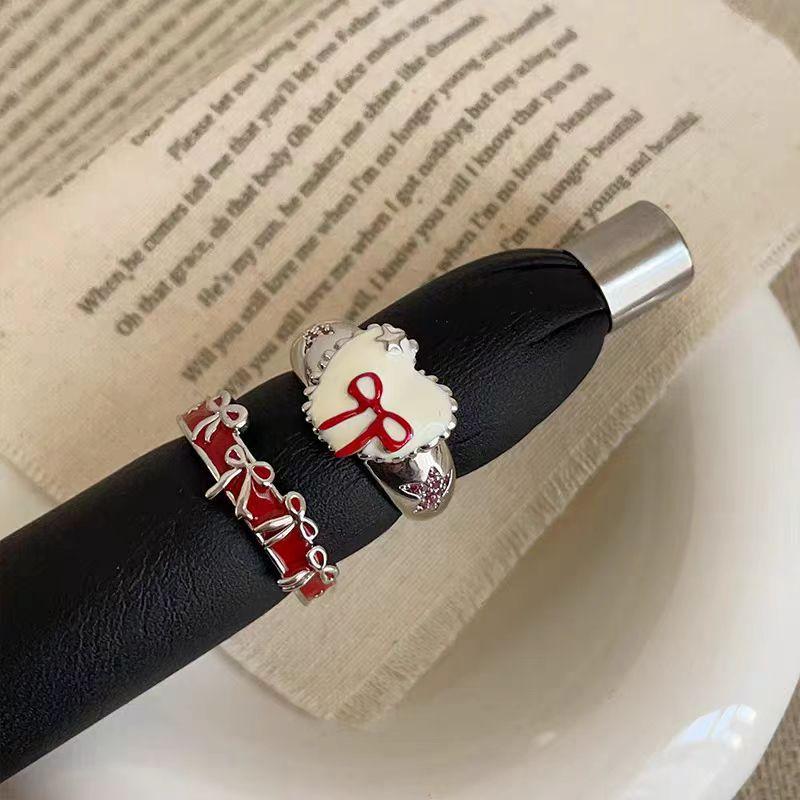 Red French Cute Girlish Bow Love Niche Design Alloy Ring Women'S Light Luxury High-End Sense
