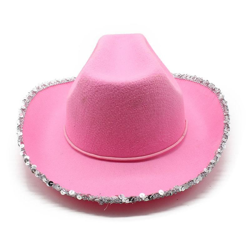 Pink Silver Cowboy Hat Women'S Non-Woven Crown Western Cowboy Hat Jazz Roll Top Hat Ins