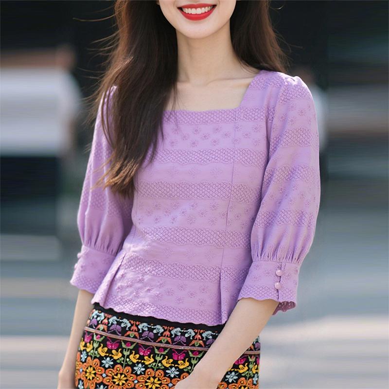 

ZANZEA Women Casual Square Collar Summer 3/4 Sleeve Patchwork Blouse S фиолетовый