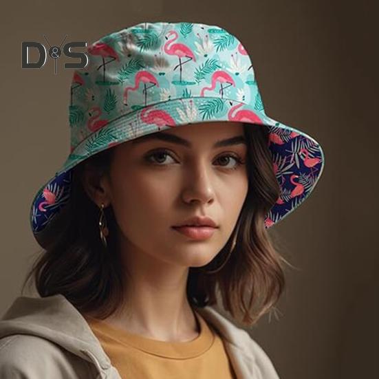 Rybářský klobouk s potiskem plameňáků Unisex sluneční klobouk Oboustranný cestovní kempingový klobouk s UV ochranou Skládací krátký okraj Venkovní aktivity Čepice
