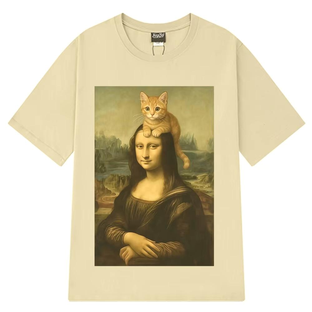 Katze Ahd Mona Lisa mit Katze Lustiges Meme T-Shirt Männer Frauen Kurzärmelig Baumwolle Harajuku Lässig Übergroße T-Shirts Streetwear Tees