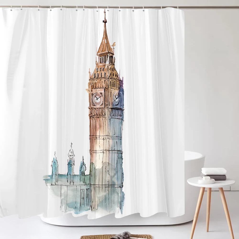 Art Line Drawing Scenery Shower Curtain Waterproof Polyester Bathroom Curtain Room Decor Bathtub Curtain Textured With Hooks