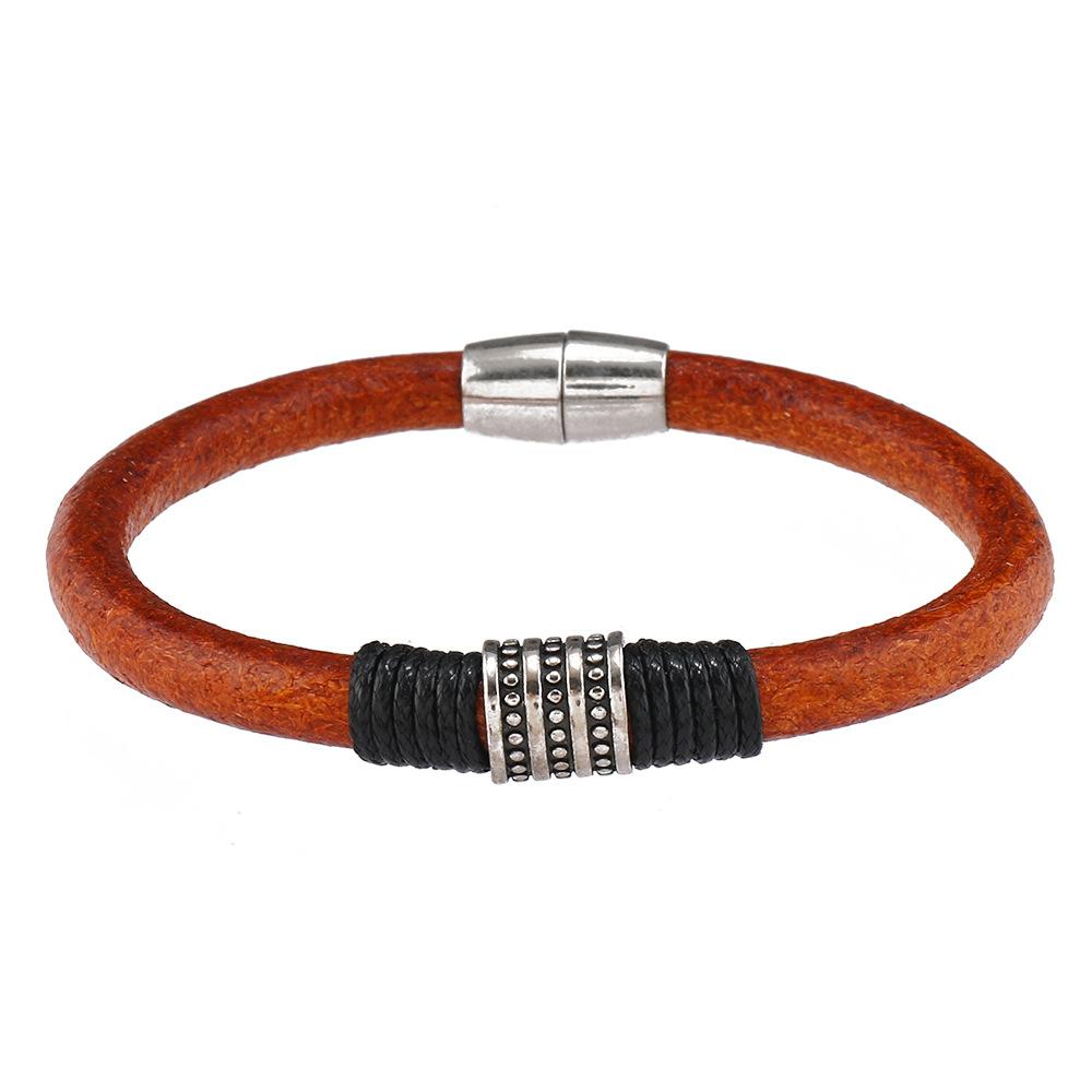 Skeleton Floral Leather Bracelet Men Women Vintage Silver Jewelry Alloy Magnetic Clasp Men Brown Cowhide Wrist Armband