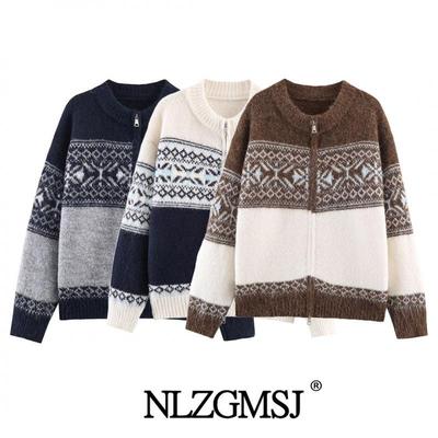 Winter 2025 Stilvoller Europäischer & Amerikanischer Jacquard-Strickcardigan mit Doppeltem Reißverschluss