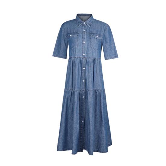 Women Denim Dress Short Sleeve Single-breasted Turn Down Collar Pockets Loose Maxi