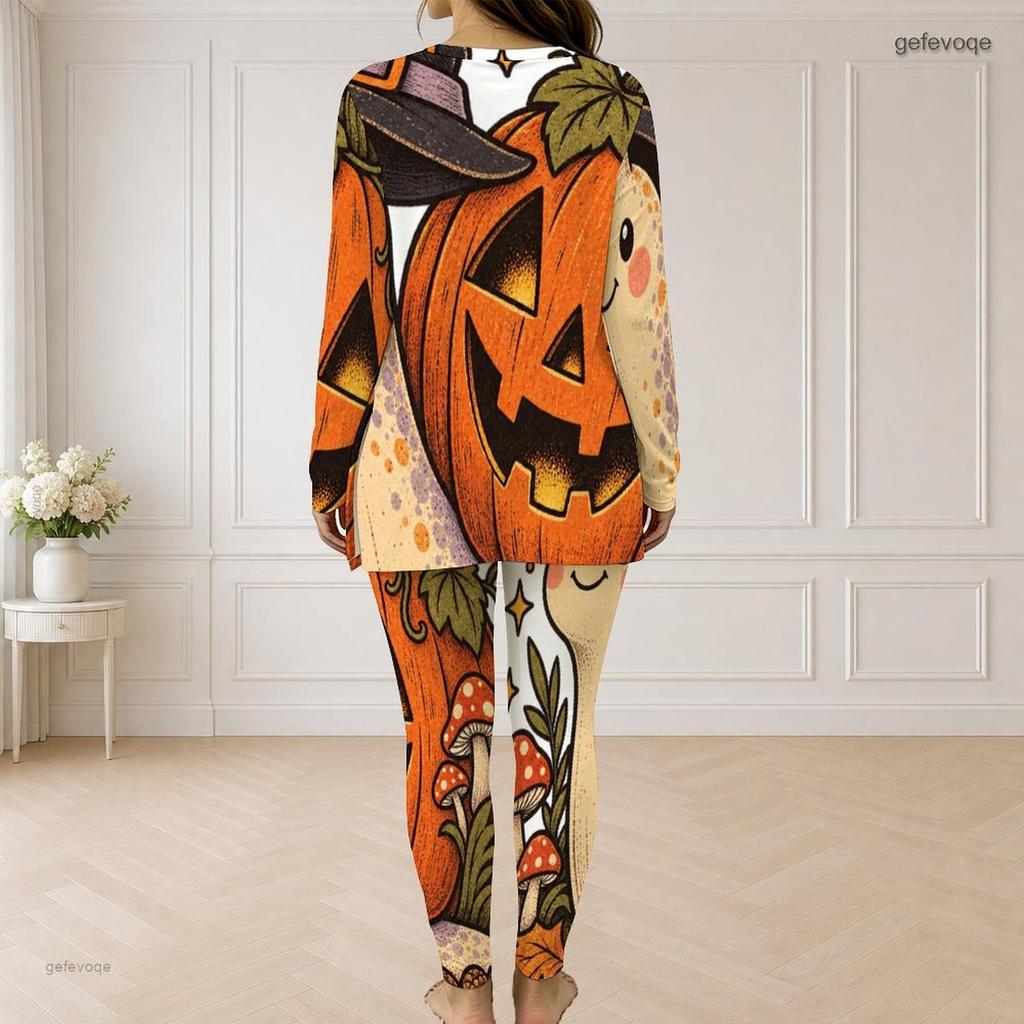 Women Plus Size Fall Pumpkin Printed Front Zip Long Sleeve Longline Top Fitted Pants Two Piece Set