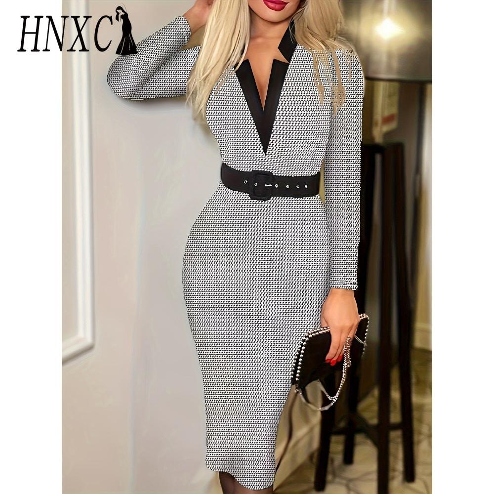 

HNXC Женская мода Весна Осень Длинный рукав V-образный вырез Завышенная талия Повседневные платья L