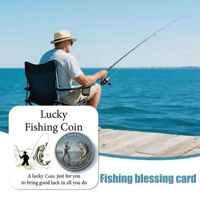 Lucky Fishing Coin with Card Engraved Fisherman Catching Big Fish Collectible Coin Good Luck Charm for Fishing Enthusiast Keepsake Token for Anglers