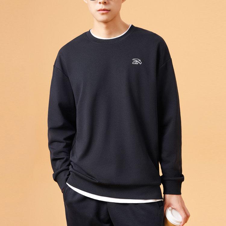 Anta Lifestyle Series Solid Color Crew Neck Pullover Long Sleeve Sweatshirt Unisex Sweatshirt Black 972348710-6