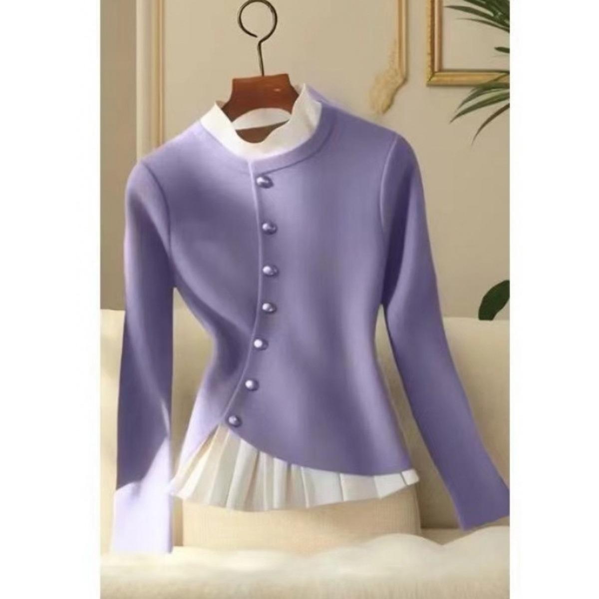 

Женский элегантный бежевый свитер - Пуловер с круглым вырезом и золотой пуговицей, Подходит для повседневной и официальной носки, Удобный для ежедневной носки, Изысканный дизайн S фиолетовый