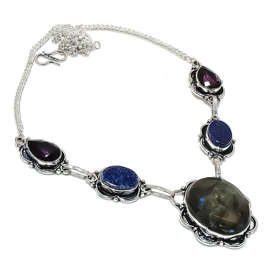 Natural Labradorite, Lapis 925 Sterling Silver Jewelry Necklace 18" M1l01