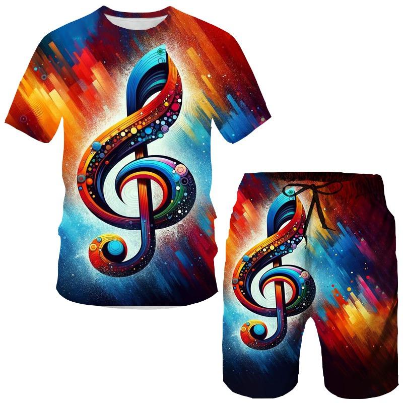 Men's Summer Leisure Set Piano Theme Print T-Shirt & Shorts Breathable Casual Outfit for Holiday/Beach
