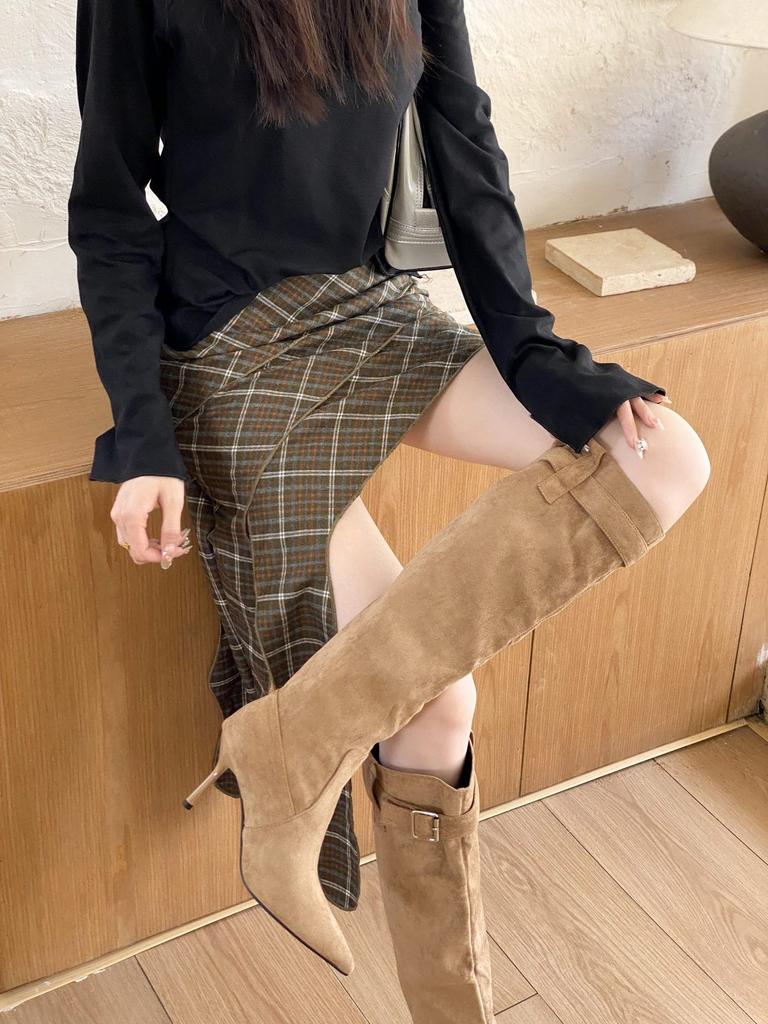 2025 autumn European and American style pointed suede thin heel high heel belt buckle high boots