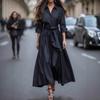 Spot Women'S Long Sleeve Lining Collar Solid Color Long Dress Dress Lace Up Windbreaker Skirt