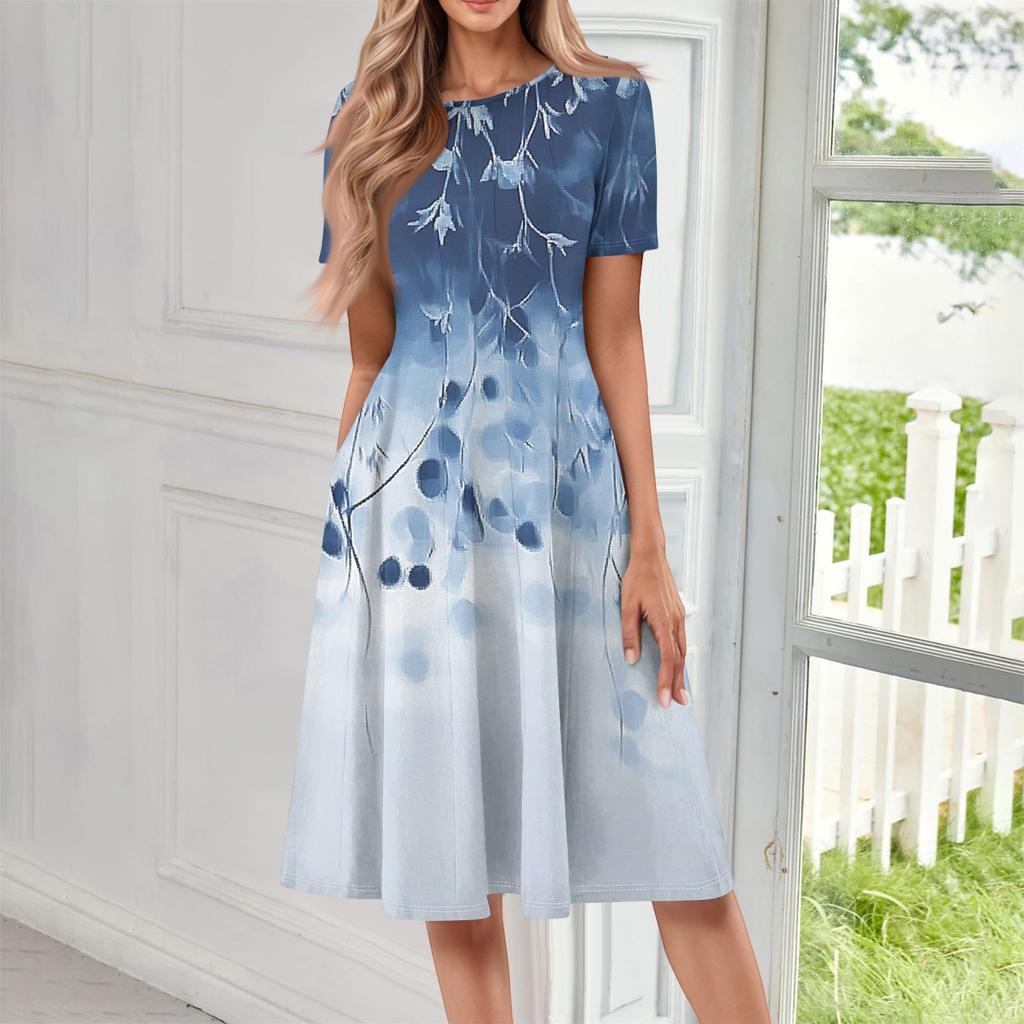 Women's Casual Fashion Round Neck Short Sleeve Print Midi Dress