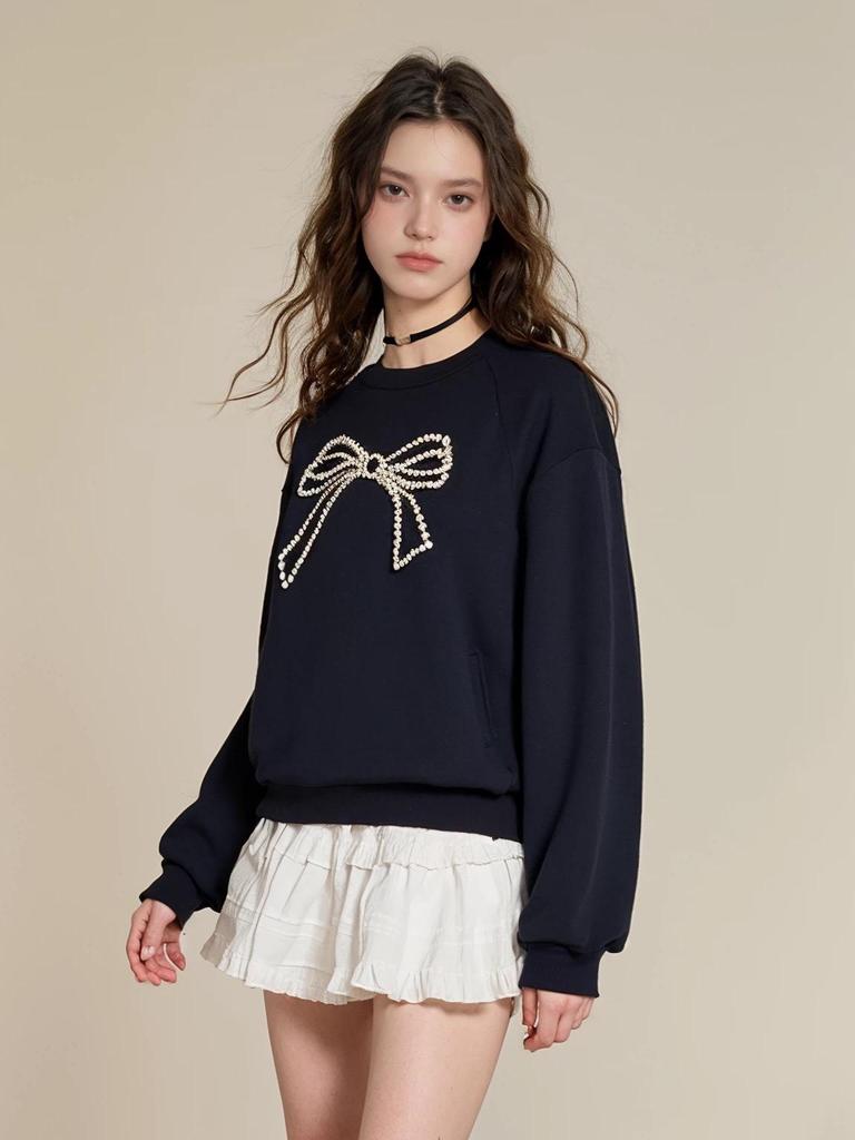 Women's 3D Beaded Bow Round Neck Sweatshirt - Loose Fit, Spring 2025 Collection