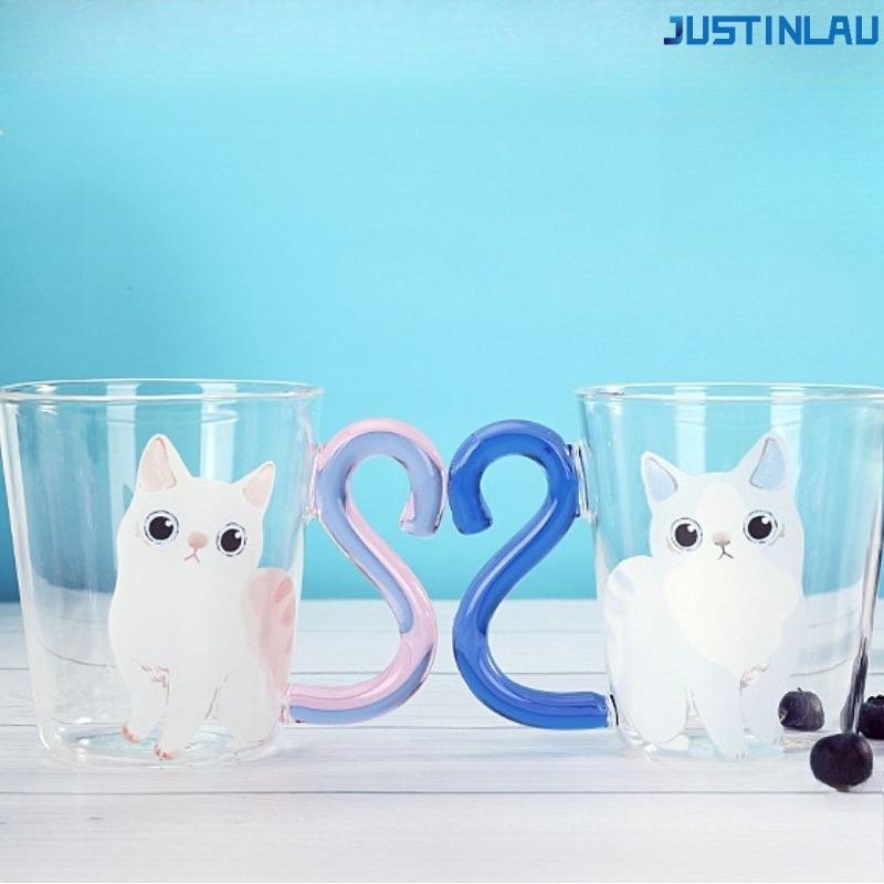 Milk Juice Cup Coffee Cup Cute Cat Transparent Glass Cup Suitable for Couples To Give Gifts with Handle Glass Cup Mug