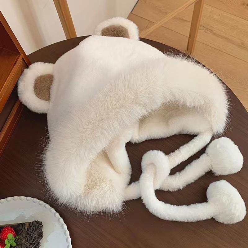 Warm Winter Scarf Bear Plush Hat Scarf Integrated Thickened Ear Protection Hat Cold Protection Lei Feng Hat Two in one