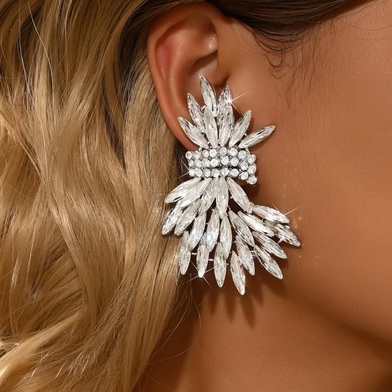 Elegant Rhinestone-Embellished Wheat Ear Cuff Earrings Women Alloy Stainless Steel Studs Gold Red Options