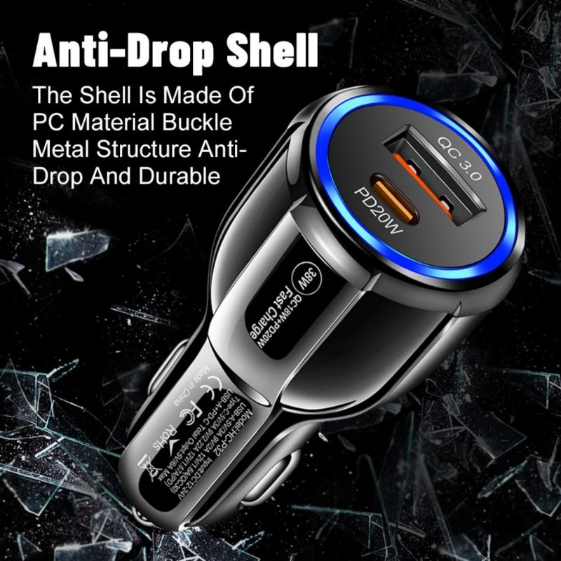 2 in 1 USB Car Charger Adapter Multiple USB Splitter with QC3.0 PD20W Fast Car Charger for Mobile Phone Laptop Car