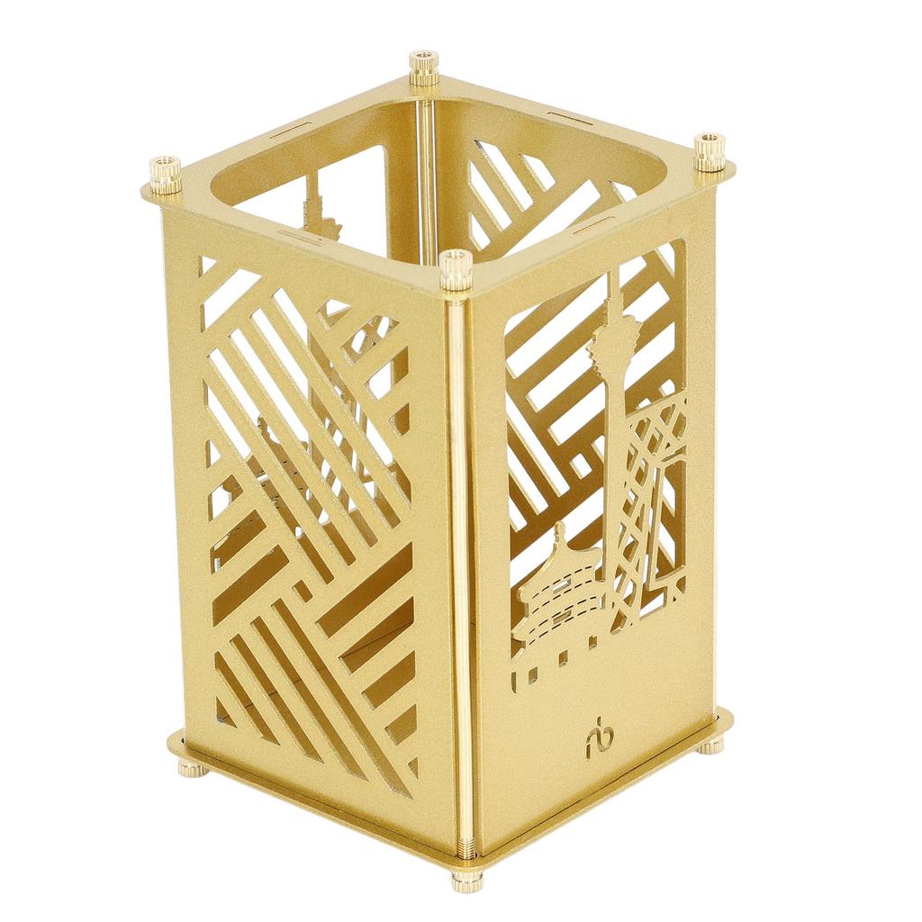 Metal Assembled Pen Holder Gold BeijingPattern Quadrate Surfaces Plating DIY Pen Holder for Home