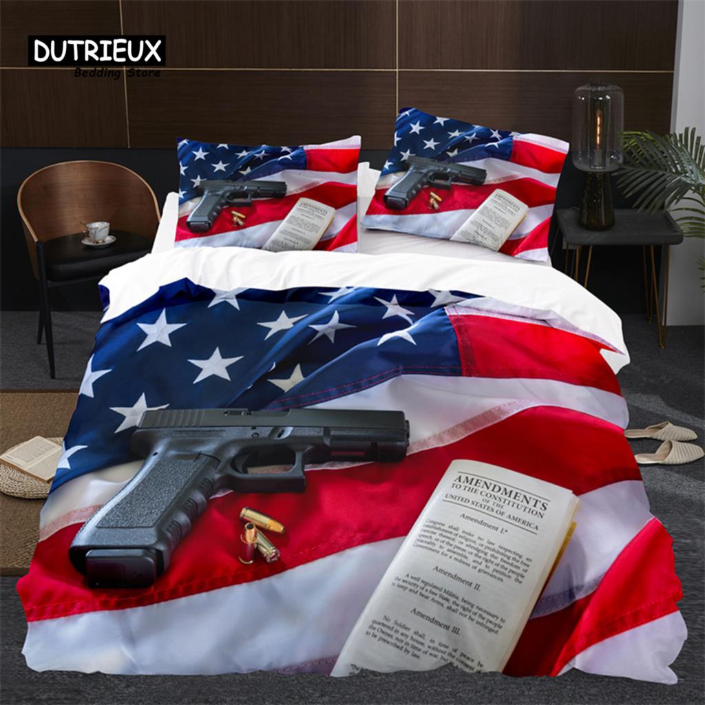 American Flag Comforter Cover Queen Army Guns Military Bedding Set Full King For Boys Teen Man Stars Stripe Usa Flag Duvet Cover