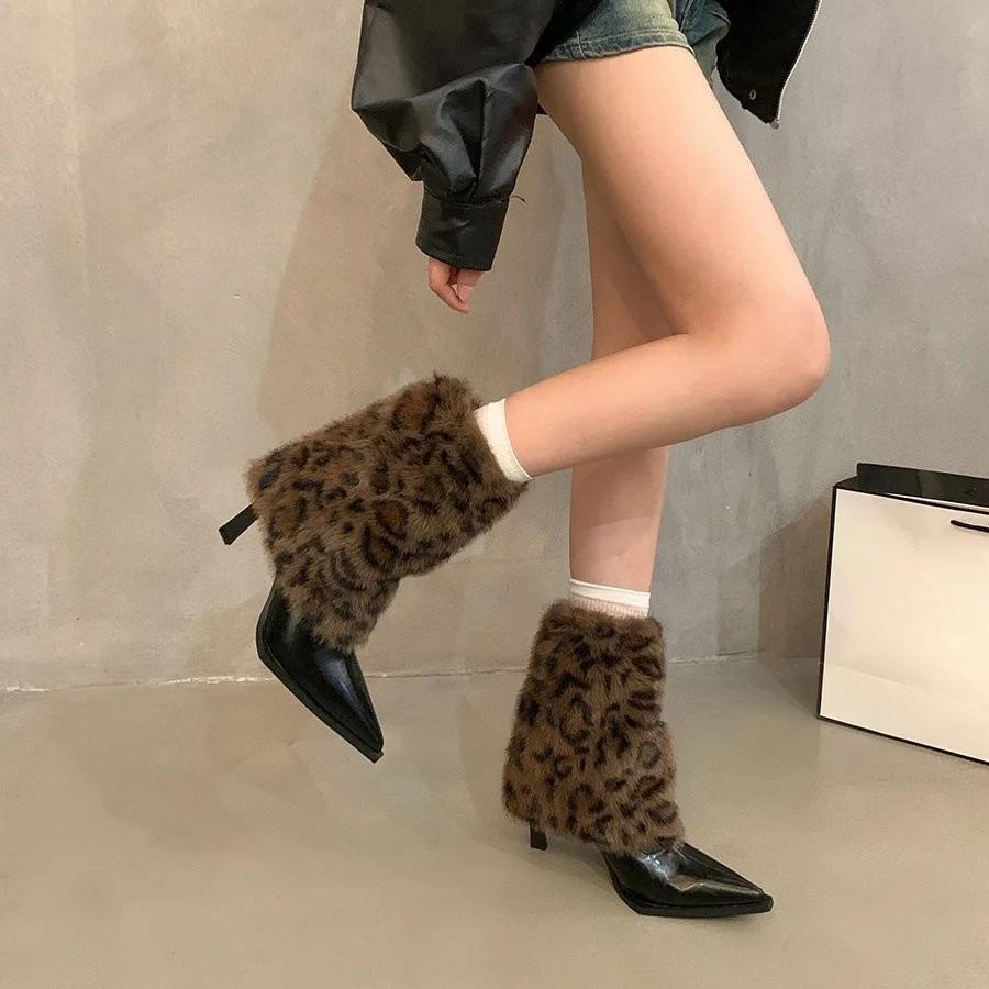 

Зимние женские сапоги до середины икры с леопардовым принтом 2024 года, винтажные сапоги на тонком каблуке с острым носком в французском стиле на высоком каблуке 36 чёрный