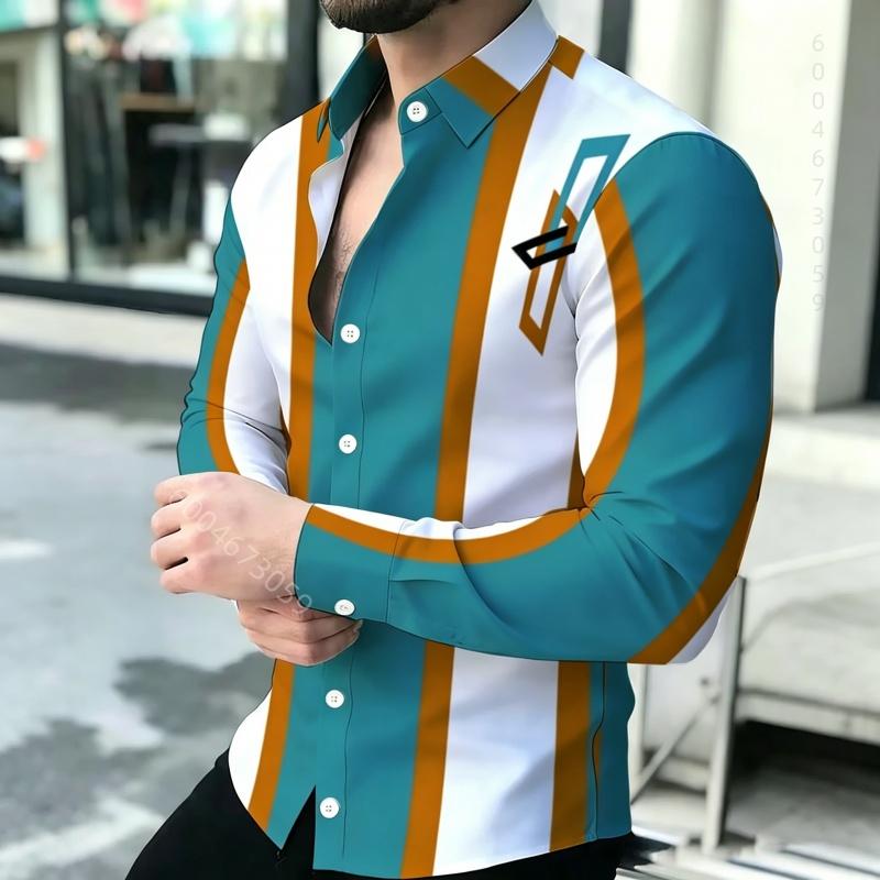Men's Shirt with Contrasting Striped Print, Slim Fit Collar, Long Sleeved Business Casual Shirt, Available In Multiple Colors