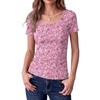 Women's Slim Fit Square Neck Short Sleeve Top Vintage Floral Print Stretchy Casual Blouse for Daily Wear